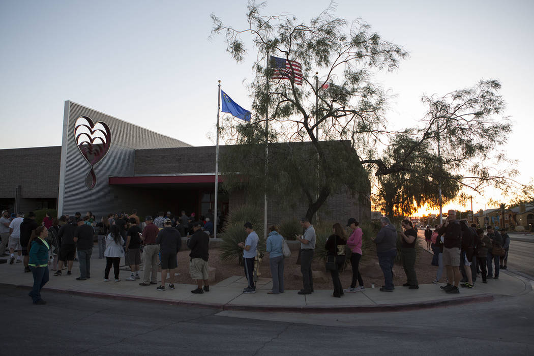 People line up to donate blood at United Blood Services in Las Vegas Monday, Oct. 2, 2017, following a shooting on the Strip that left 59 dead and over 500 injured Sunday night. Bridget Bennett La ...
