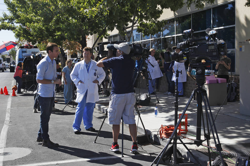 Personal from the University Medical Center address the media in front of a UMC building in Las Vegas, Monday, Oct. 2, 2017. UMC accepted 104 people injured from the shooting at Mandalay Bay, not ...