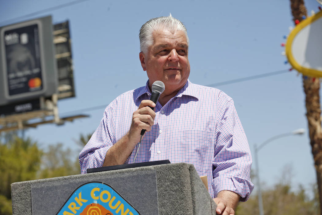 Commission Chairman Steve Sisolak speaks to the crowd at the Welcome to Fabulous Las Vegas sign on Monday, June 19, 2017, in Las Vegas. (Rachel Aston/Las Vegas Review-Journal) @rookie__rae