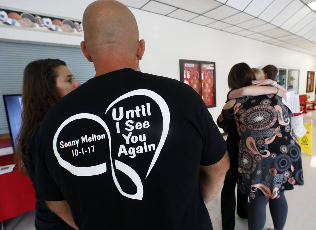 A guest is seen wearing a shirt in honor of Sonny Melton before the funeral Tuesday, Oct. 10, 2017, in Big Sandy, Tenn. Melton, of Paris, Tenn., was one of the victims who died in the Oct. 1 mass ...