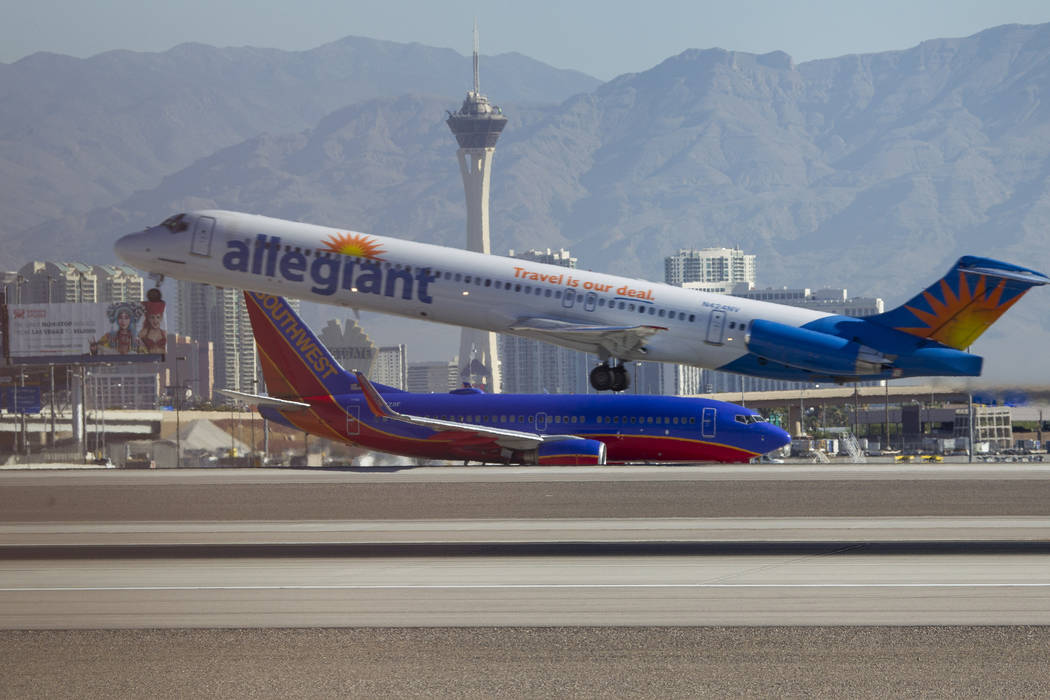 An Allegiant Air jetliner departs from McCarran International Airport in Las Vegas on Wednesday, June 28, 2017. (Richard Brian/Las Vegas Review-Journal) @vegasphotograph
