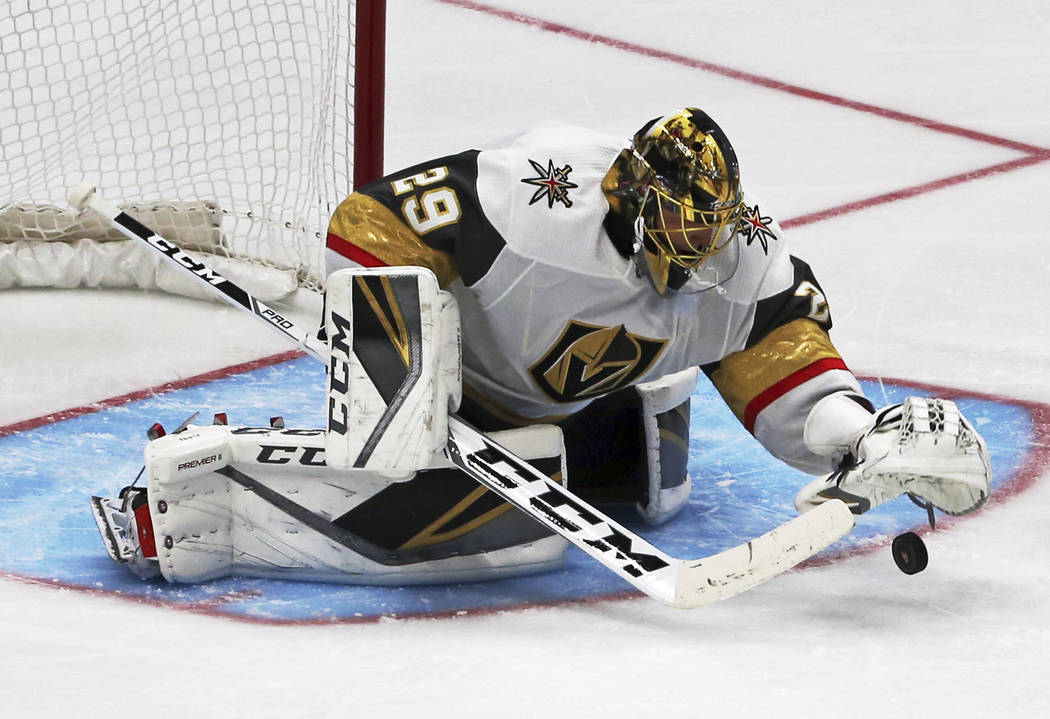 WATCH: Marc-Andre Fleury cut by teammate's stick through mask 