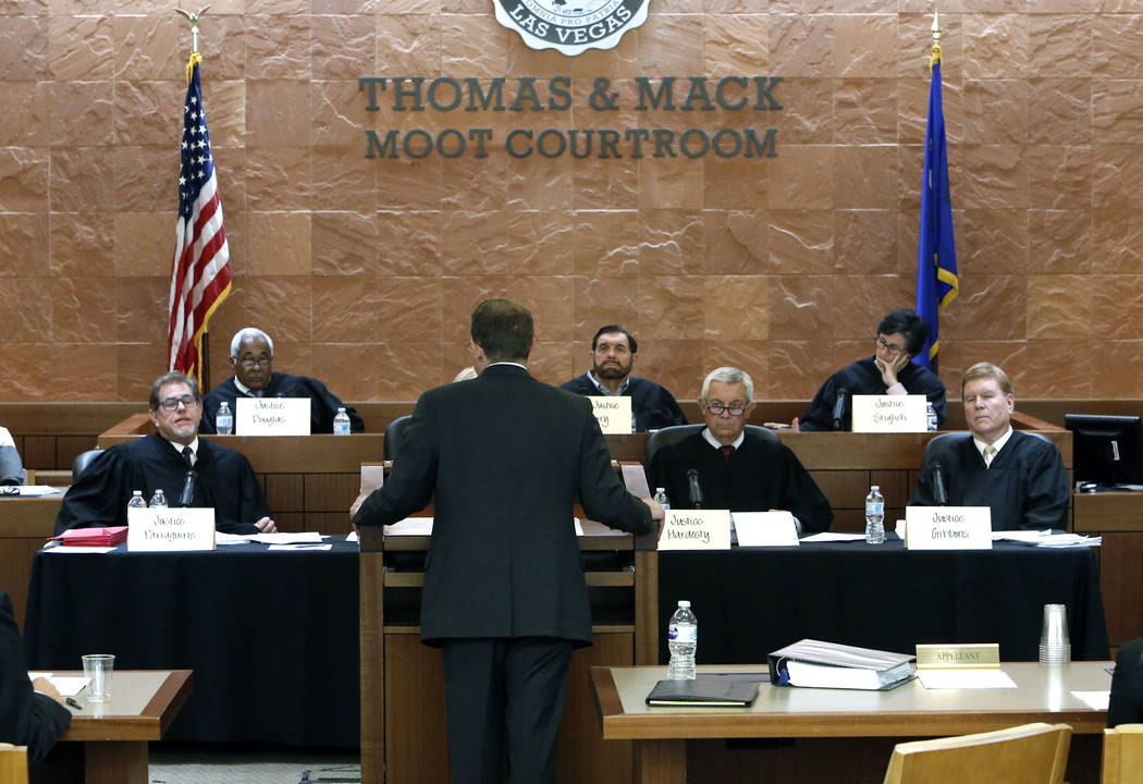 Kevin Benson, the attorney representing the alcohol distributors, argues before the Nevada Supreme Court in the legal battle over marijuana distribution at Thomas and Mack Moot Court on Tuesday, O ...
