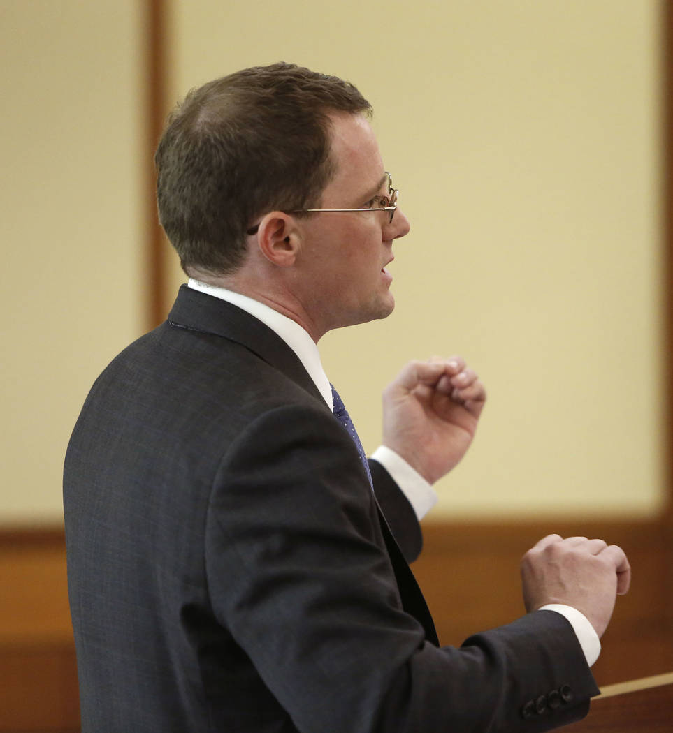 Kevin Benson, the attorney representing the alcohol distributors, argues before the Nevada Supreme Court in the legal battle over marijuana distribution at Thomas and Mack Moot Court on Tuesday, O ...
