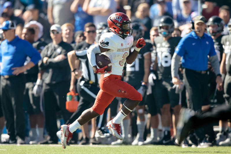 Oct 14, 2017; Colorado Springs, CO, USA; UNLV Rebels running back Lexington Thomas (3) runs for a touchdown in the first quarter against the Air Force Falcons at Falcon Stadium. Mandatory Credit:  ...