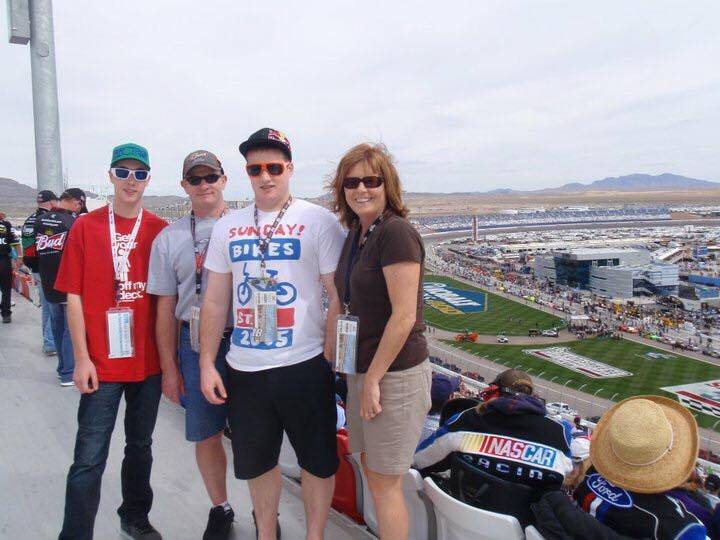 Jordan McIldoon with his parents Alan and Angela McIldoon, and a friend, at NASCAR weekend in Las Vegas. (Photo courtesy of Angela McIldoon).