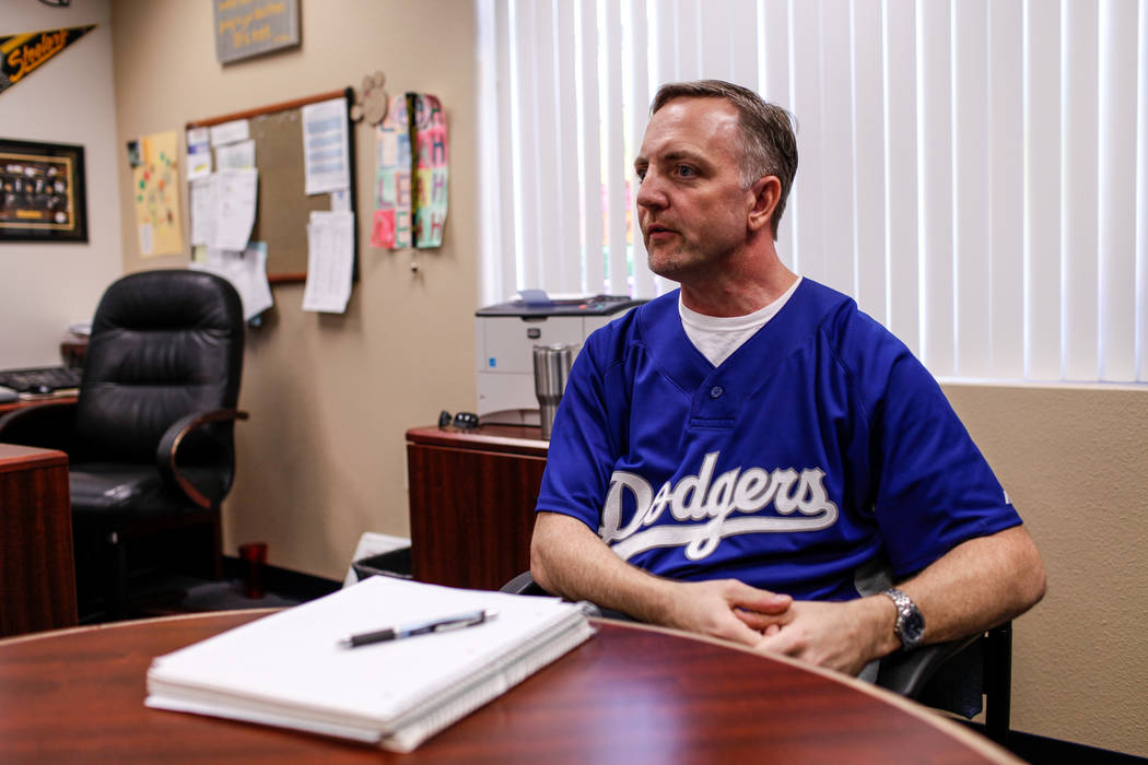 Principal Shawn Halland sits in his office during an interview at Sandra Lee Thompson Elementary in Las Vegas, Thursday, Oct. 5, 2017. The elementary school is one of two Clark County School Distr ...