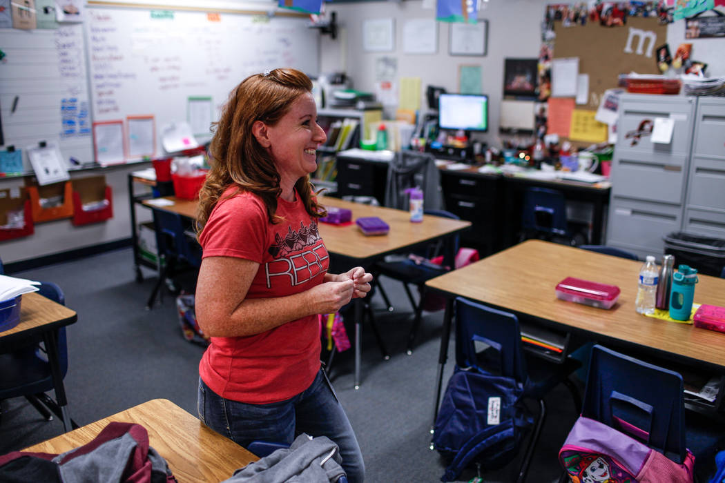 First grade and inclusion teacher Hollie Morgan stands inside her classroom at Sandra Lee Thompson Elementary in Las Vegas, Thursday, Oct. 5, 2017. The elementary school is one of two Clark County ...