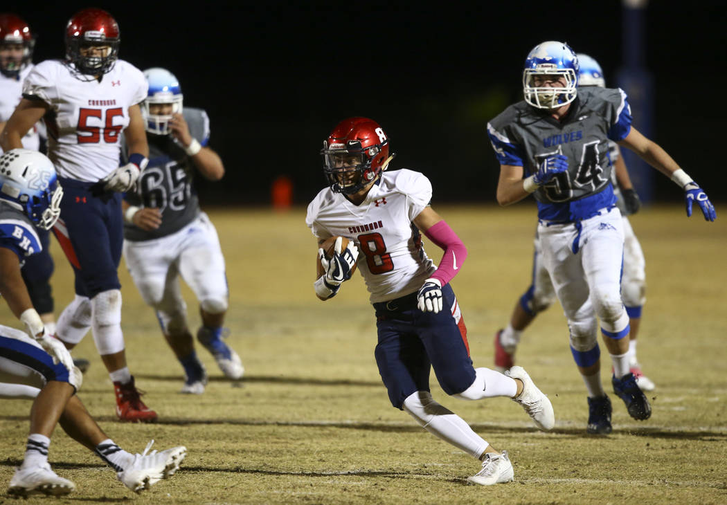 Coronado's Ian Thomas (8) runs the ball against Basic during a football game at Basic High School in Henderson on Friday, Oct. 6, 2017. Basic won 45-22. Chase Stevens Las Vegas Review-Journal @css ...