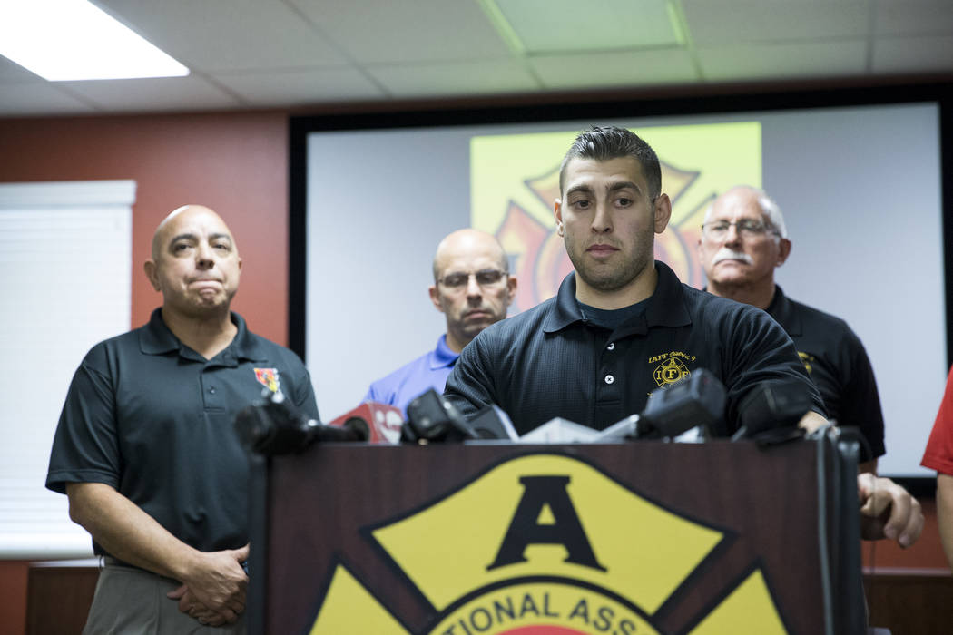 Henderson Firefighter Anthony Robone, during a press conference on the mass shooting on Sunday night, at the Las Vegas Fire Fighters Union Hall in Las Vegas, Tuesday, Oct. 3, 2017. Robone was pres ...
