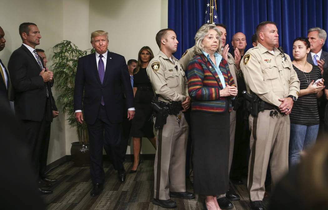 President Donald Trump at Metropolitan Police Department headquarters in Las Vegas on Wednesday, Oct. 4, 2017. A gunman opened fire on attendees of a music festival Sunday night, resulting in the ...