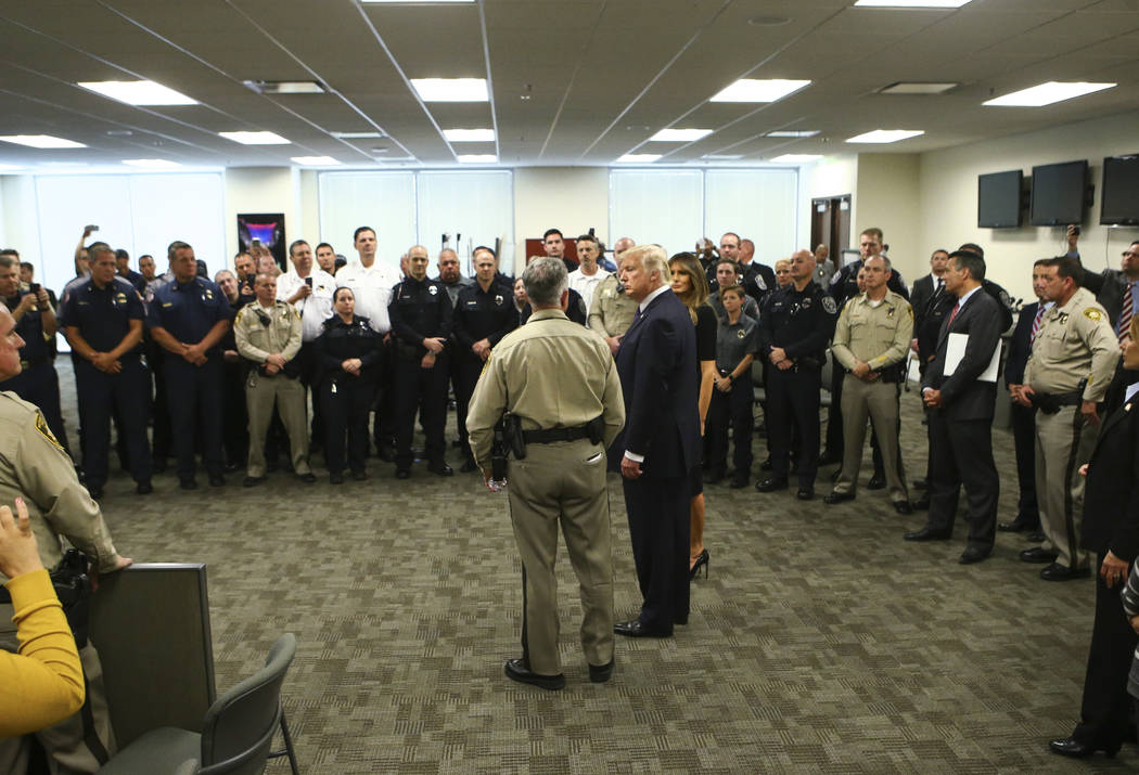 Clark County Sheriff Joe Lombardo and President Donald Trump at Metropolitan Police Department headquarters in Las Vegas on Wednesday, Oct. 4, 2017. A gunman opened fire on attendees of a music fe ...