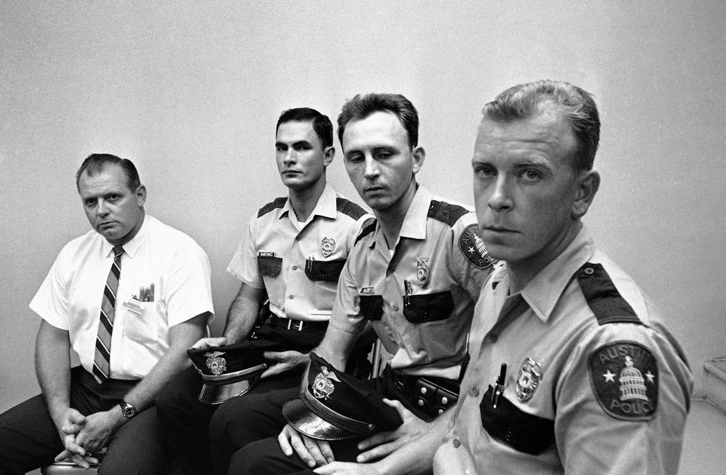 FILE - In this Aug. 2, 1966 file photo, from left, Allen Crum, university co-op employee; Austin policemen Ramiro Martinez, Houston McCoy and Jerry Day, the four men who braved the deadly accurate ...