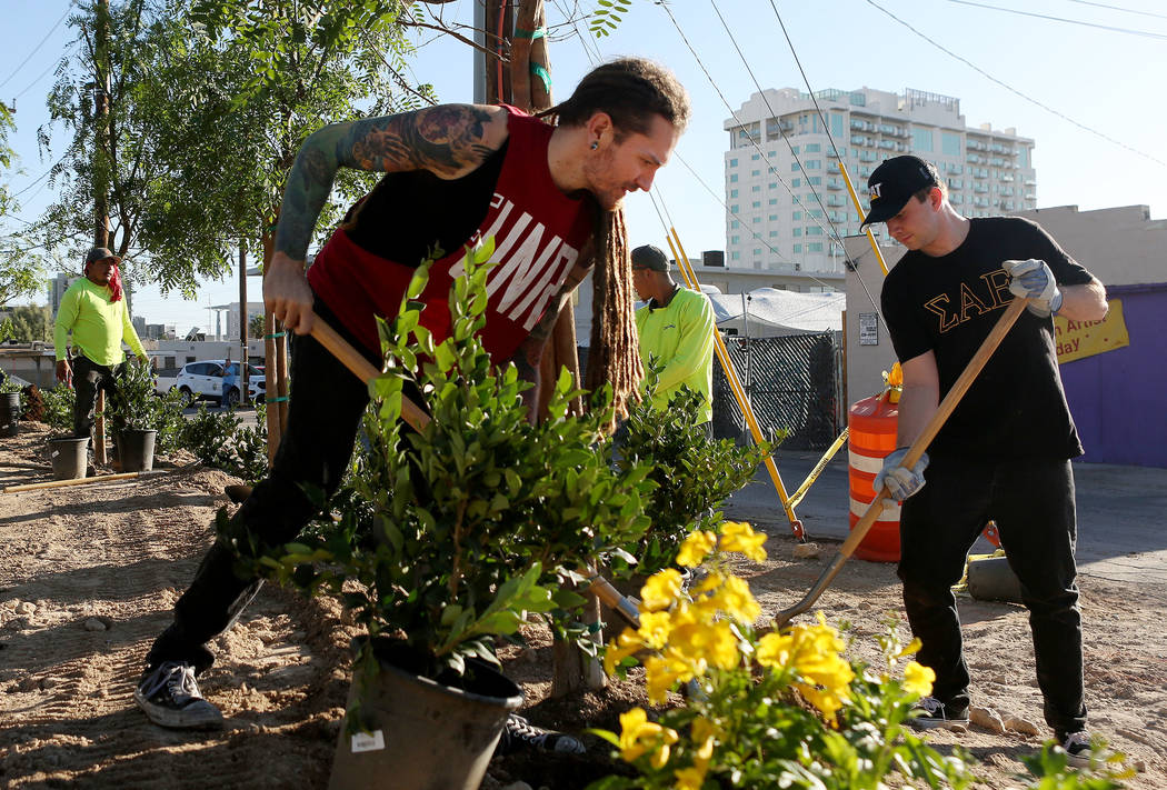 Volunteers Kelly Zurowski, left, and Jonah Hamelmann, help create the new permanent garden on East Charleston Blvd. and South Casino Center Blvd. in Las Vegas, Thursday, Oct. 5, 2017 as a memorial ...