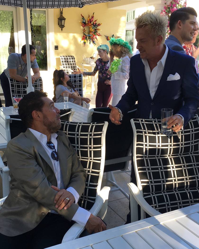 Cling Holmes and Chris Phillips are shown at Frank Marino's home in Las Vegas on Sunday, Oct. 1, 2017 for the upcoming British TV series "Last Laugh in Vegas," focussing on eight British showbiz l ...