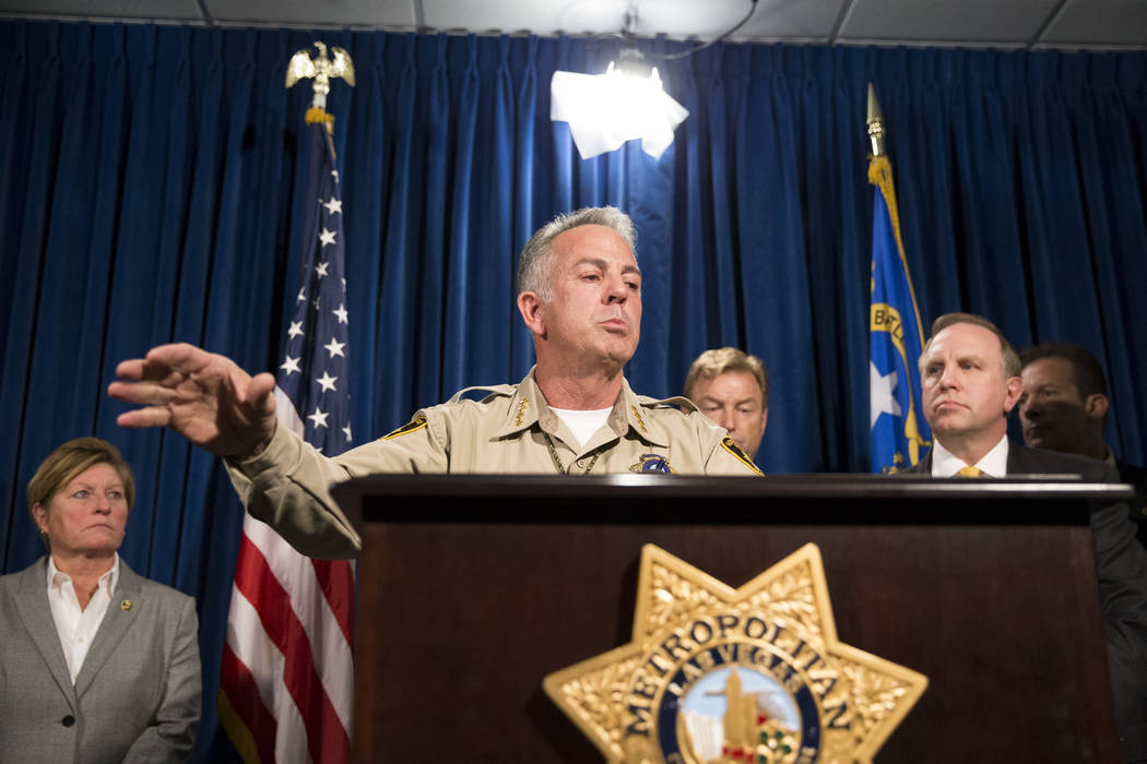 Clark County Sheriff Joe Lombardo discusses the mass shooting during a press conference at the Las Vegas Metropolitan Police Department headquarters in Las Vegas, Wednesday, Oct. 4, 2017. Erik Ver ...
