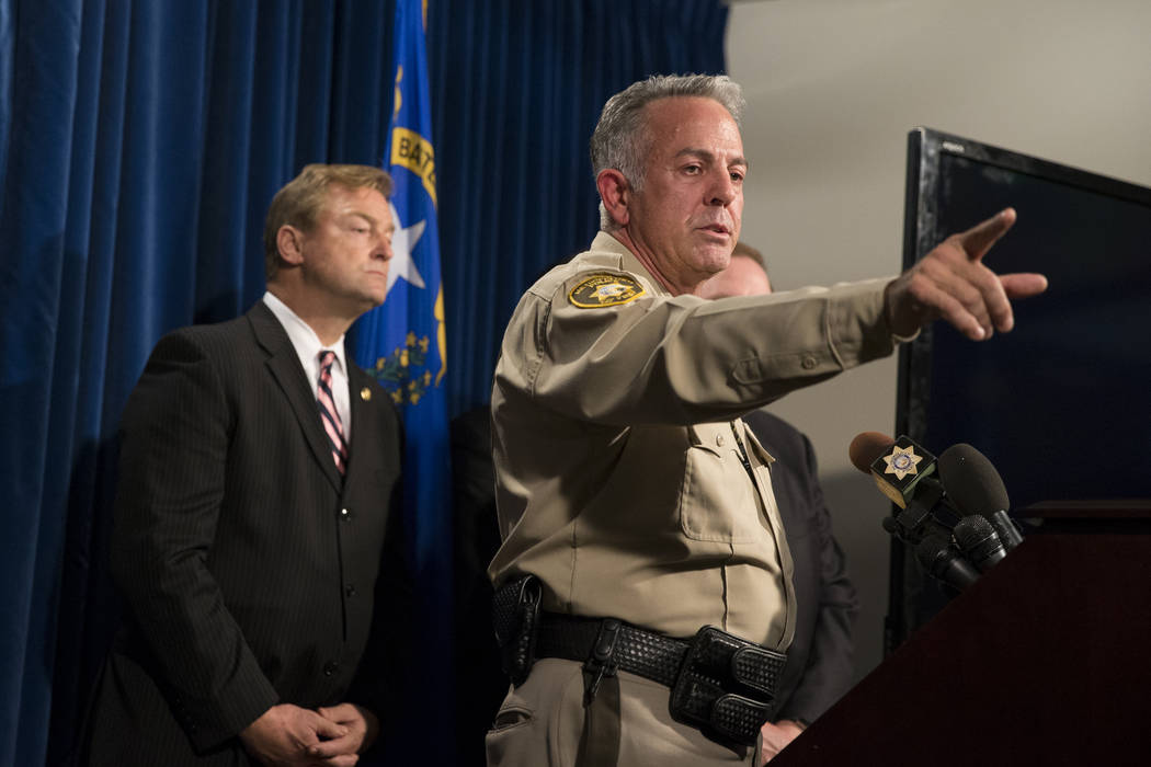 Clark County Sheriff Joe Lombardo discusses the mass shooting during a press conference at the Las Vegas Metropolitan Police Department headquarters in Las Vegas, Wednesday, Oct. 4, 2017. Erik Ver ...