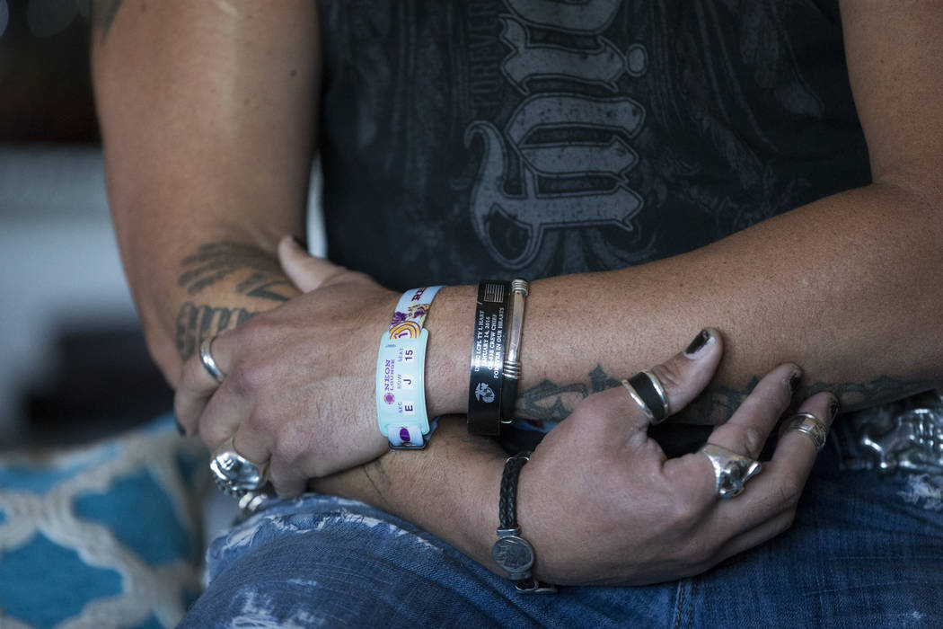 Bryan Hopkins, member of the band Elvis Monroe, and who attended Route 91 festival during the mass shooting last Sunday, share his story at his home in Las Vegas, Thursday, Oct. 5, 2017. Erik Verd ...