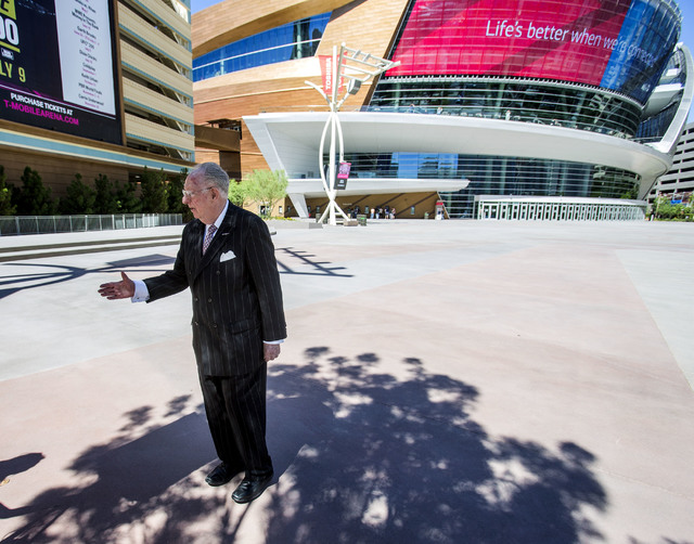 Former Las Vegas Mayor Oscar Goodman offer his hand to an acquaintance near T-Mobile Arena on Friday, June 17, 2016.  Goodman helped plant the seeds for an NHL team when he met with the league bac ...