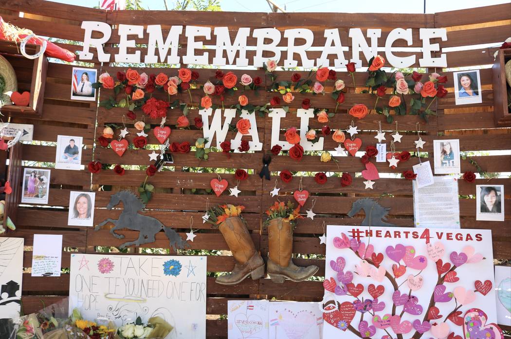 The "Remembrance Wall" at the Community Healing Garden in Las Vegas, Saturday, Oct. 7, 2017. The city of Las Vegas dedicated the new healing garden to victims of Sunday's shooting. Gilbert Manzano ...