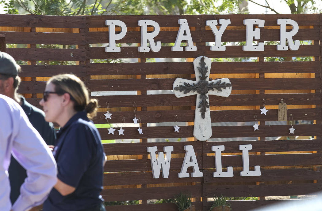 The prayer wall at an under-construction community healing garden located at South Casino Center and East Charleston boulevards in downtown Las Vegas, Thursday, Oct. 5, 2017. The garden is a memor ...