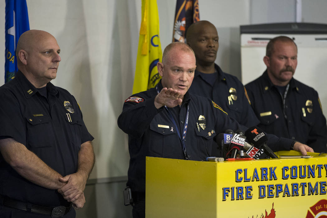 Clark County Fire Chief Greg Cassell discusses the fire and emergency medical service response to Sunday's mass shooting during a press conference at the Clark County Fire Department Training Cent ...