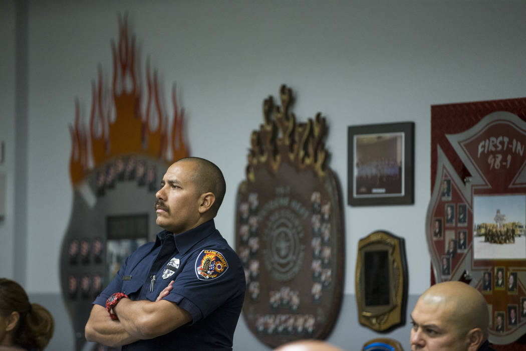Clark County Fire Department Training Instructor Chris Carbajal during a press conference on the fire and emergency medical service response to Sundays' mass shooting, at the Clark County Fire Dep ...