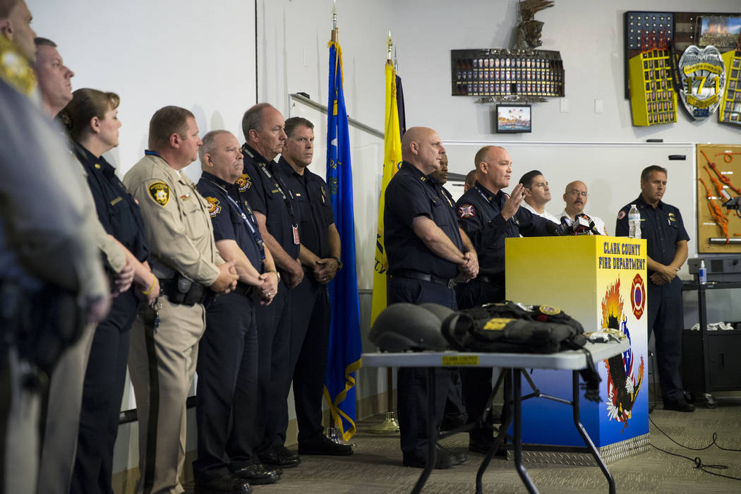 Clark County Fire Chief Greg Cassell discusses the fire and emergency medical service response to Sunday's mass shooting during a press conference at the Clark County Fire Department Training Cent ...