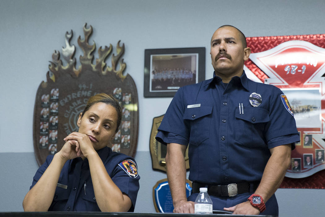 Clark County Fire Department Training Instructors Christa Fells, left, and Chris Carbajal, during a press conference on the fire and emergency medical service response to Sundays' mass shooting, a ...