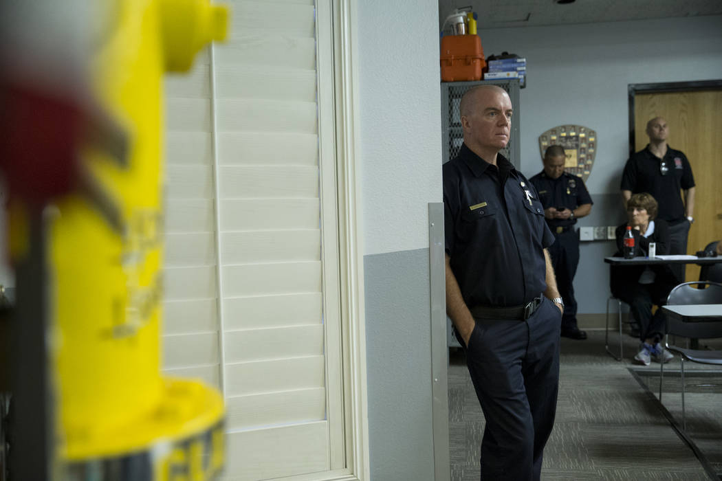 Clark County Training Officer Gary Stevenson during a press conference on the fire and emergency medical service response to Sundays' mass shooting, at the Clark County Fire Department Training Ce ...