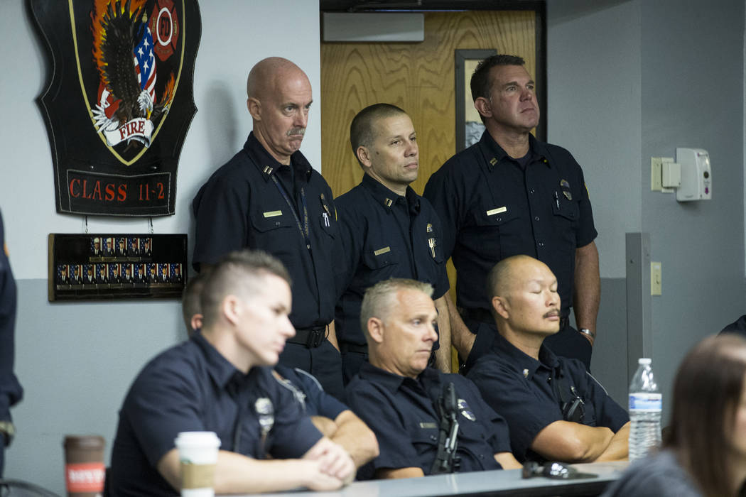 Clark County firefighters during a press conference on the fire and emergency medical service response to Sundays' mass shooting, at the Clark County Fire Department Training Center in Las Vegas,  ...