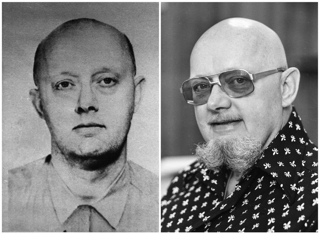 This photo combination shows an image from a 1960s FBI wanted poster of Benjamin Hoskins Paddock, left, and a 1977 file photo of Paddock, who went by the name Bruce Ericksen, when he was on the la ...
