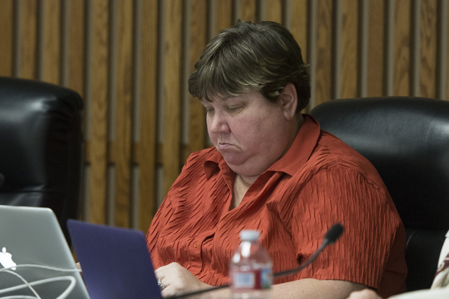 Clark County School District Board of Trustees member Deanna Wright listens during the public comment period at the CCSD board meeting to approve the district's final budget for the 2016-17 academ ...