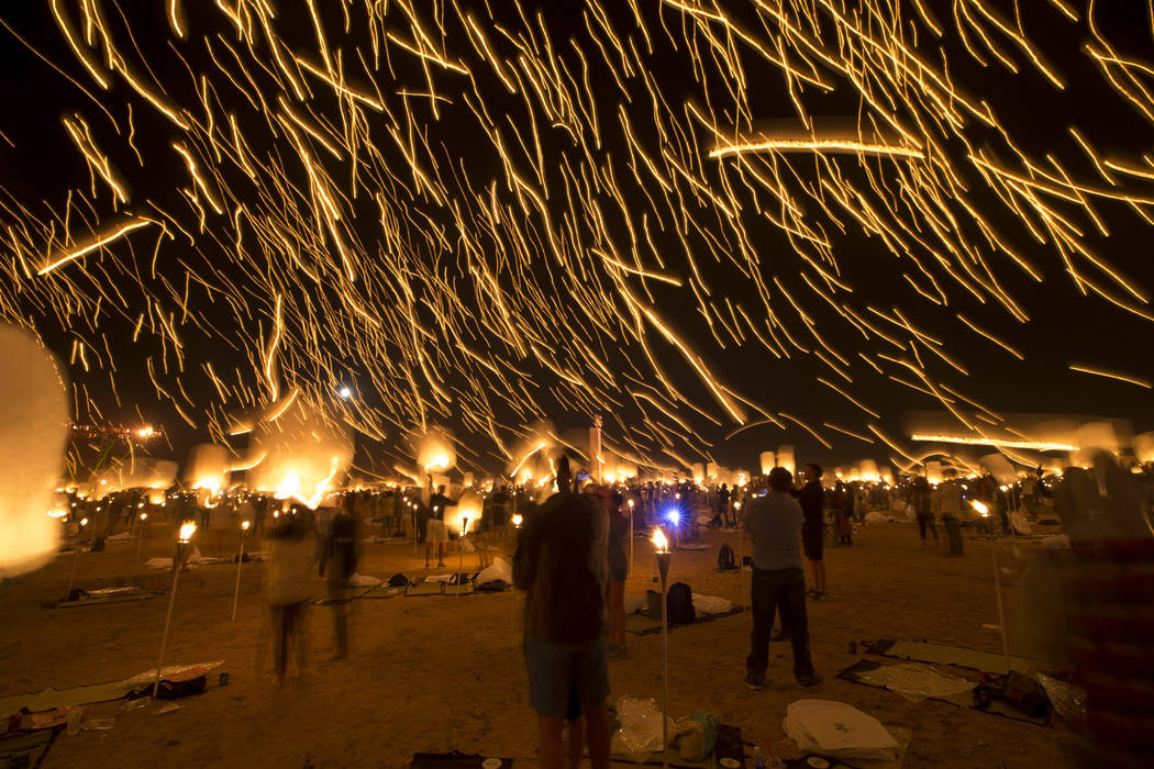 Participants release lanterns during the RiSE Lantern Festival held at the Moapa River Indian Reservation on Friday, Oct. 6, 2017. Richard Brian Las Vegas Review-Journal @vegasphotograph