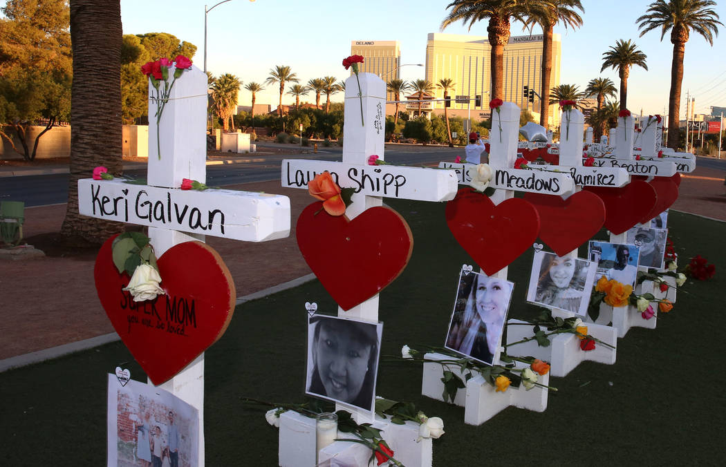 Fifty-eight white crosses stand on the Las Vegas Strip to honor the victims of Sunday's mass shooting on Friday, Oct. 6, 2017, in Las Vegas. Bizuayehu Tesfaye Las Vegas Review-Journal @bizutesfaye
