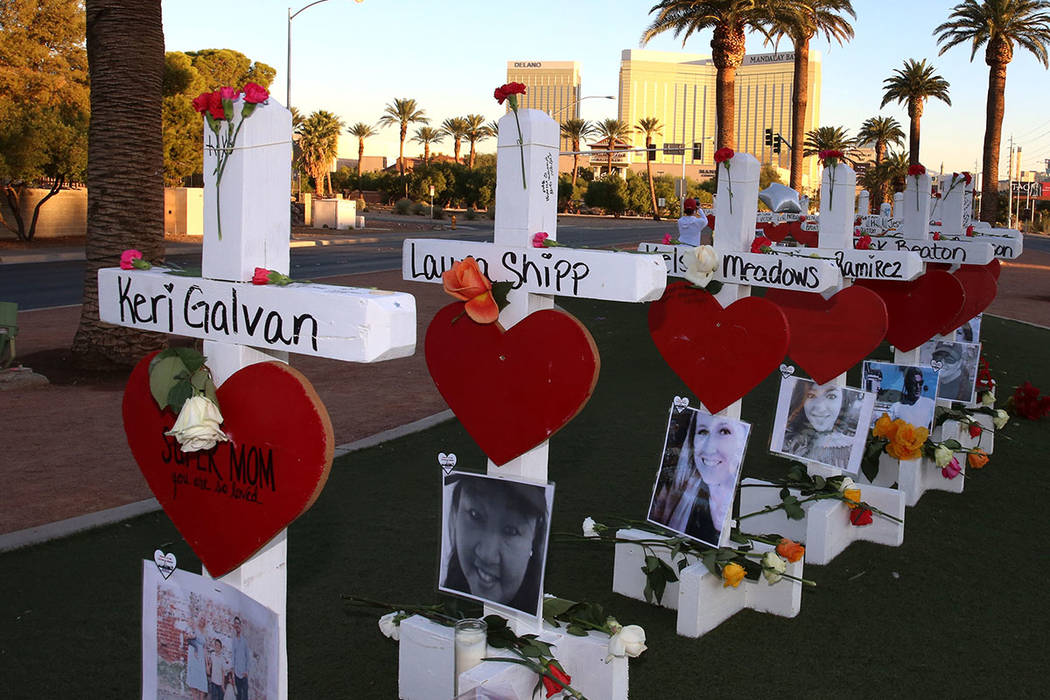 Fifty-eight white crosses stand on the Las Vegas Strip to honor the victims of Sunday's mass shooting on Friday, Oct. 6, 2017, in Las Vegas. Bizuayehu Tesfaye Las Vegas Review-Journal @bizutesfaye