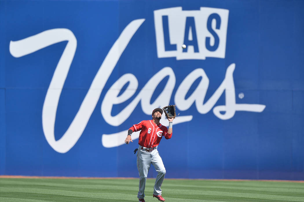 Cincinnati Reds center fielder Billy Hamilton (6) catches a fly ball during a game between the Chicago Cubs and the Cincinnati Reds at Cashman Field in Las Vegas on Sunday, March 26, 2017. (Brett  ...