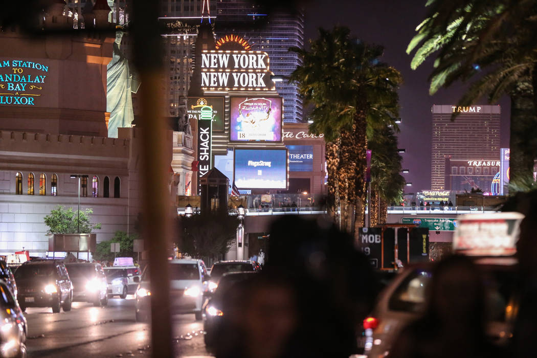 A view of the Strip as some lights turned off at 10:05 p.m. for 11 minutes marking exactly one week after the mass shooting at the Route 91 Harvest Festival in Las Vegas, Sunday, Oct. 8, 2017. Joe ...
