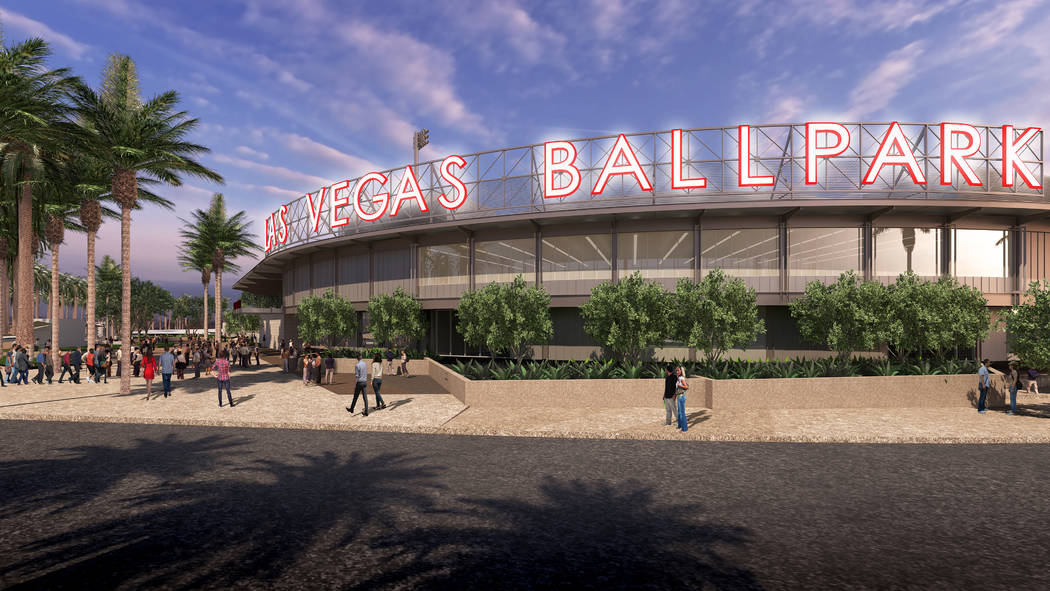 Rendering shows Howard Hughes Corp.'s proposed baseball stadium in Downtown Summerlin on approximately eight acres just south of City National Arena. (Howard Hughes Corp.)