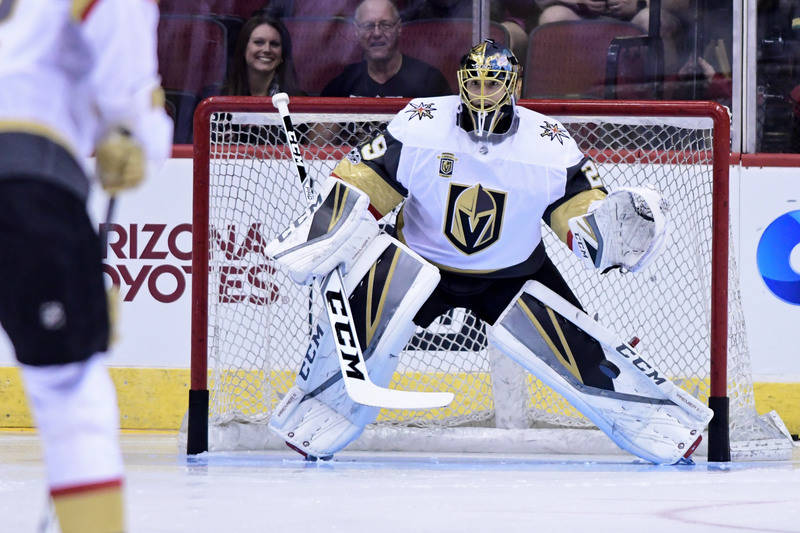 Oct 7, 2017; Glendale, AZ, USA; Vegas Golden Knights goalie Marc-Andre Fleury (29) warms up prior to a game against the Arizona Coyotes at Gila River Arena. (Matt Kartozian-USA TODAY Sports)
