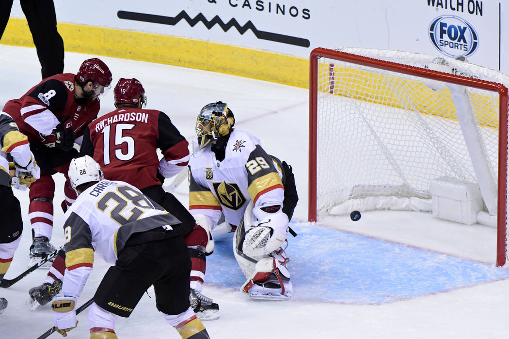 Oct 7, 2017; Glendale, AZ, USA; Arizona Coyotes right wing Tobias Rieder (8) scores against Vegas Golden Knights goalie Marc-Andre Fleury (29) during the first period at Gila River Arena. (Matt Ka ...