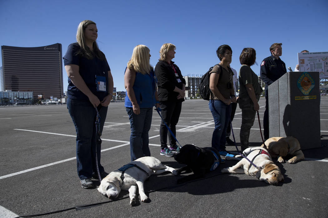 Certified facility dogs with their handlers attend a press conference addressing personal property and mental health care issues surrounding the Route 91 Festival mass shooting, at the old Riviera ...