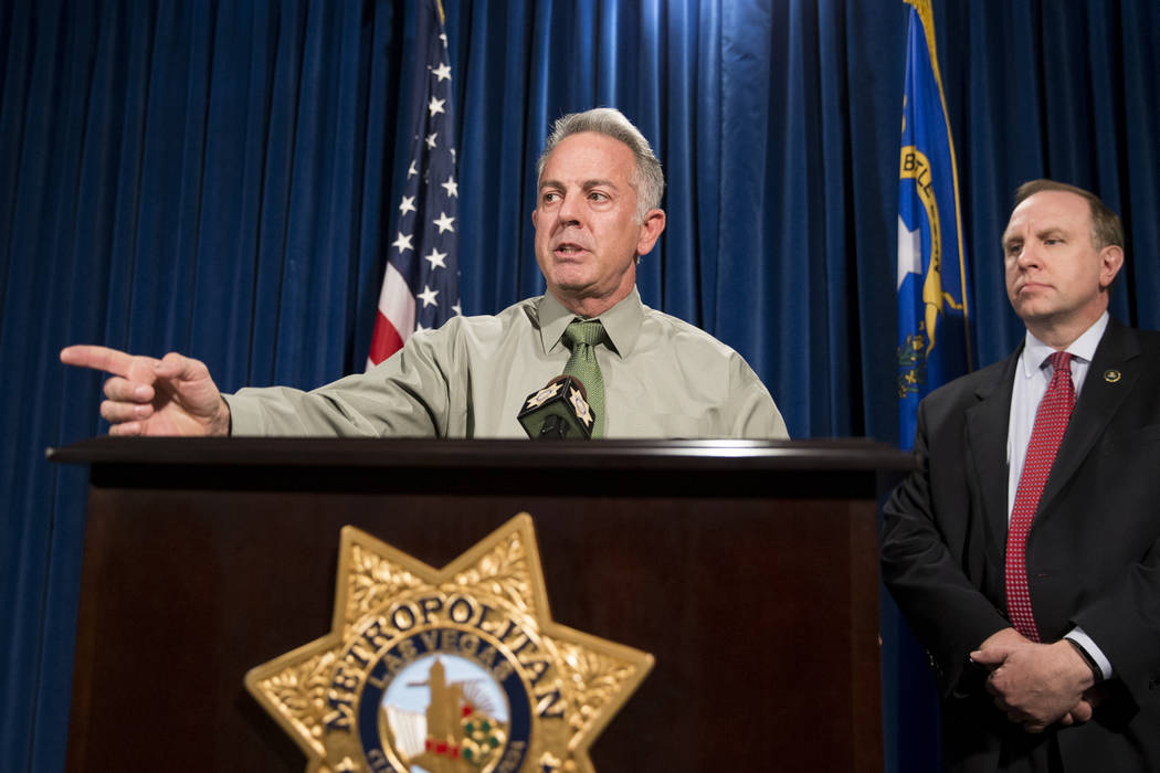 Clark County Sheriff Joe Lombardo, left, with Aaron C. Rouse, special agent in charge for the FBI in Nevada, discusses the Route 91 Harvest Festival mass shooting at the Metropolitan Police Depart ...