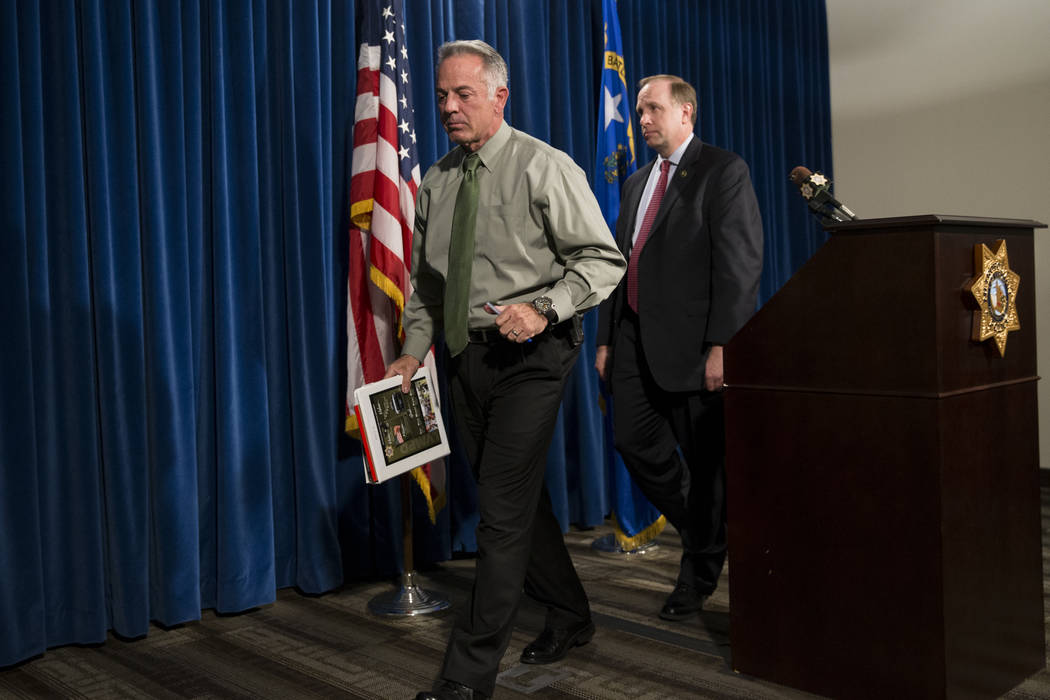 Clark County Sheriff Joe Lombardo, left, with Aaron C. Rouse, special agent in charge for the FBI in Nevada, after discussing the Route 91 Harvest Festival mass shooting at the Metropolitan Police ...