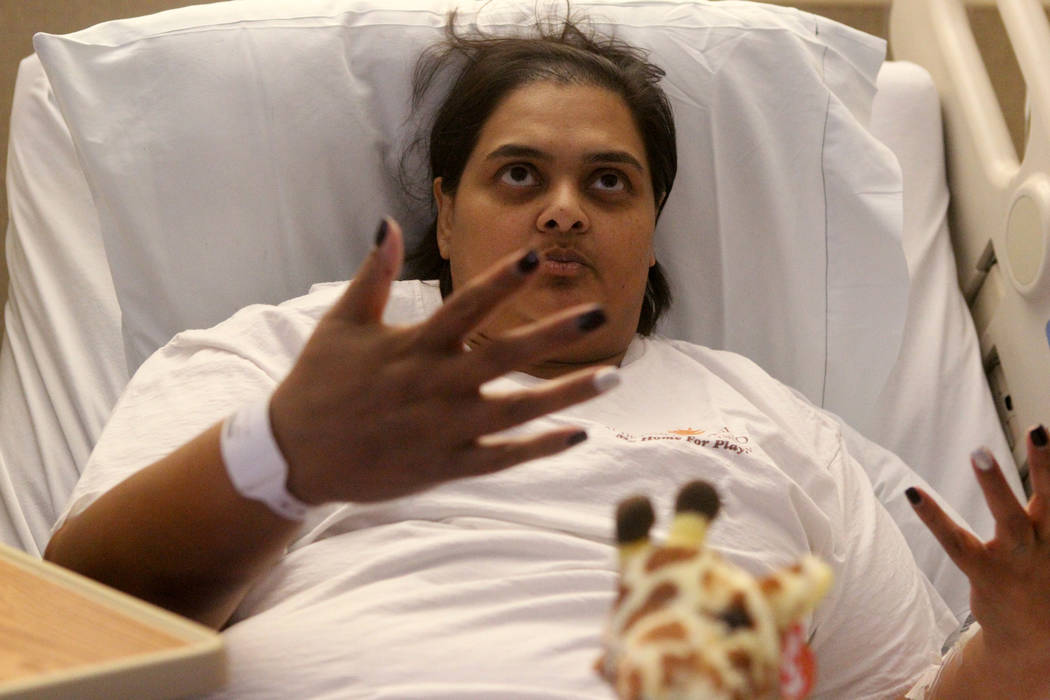 Samanta Arjune, who was shot during the Route 91 Harvest festival Oct. 1, tells her story of survival and recovery during an interview at University Medical Center Monday, Oct. 9, 2017. K.M. Canno ...