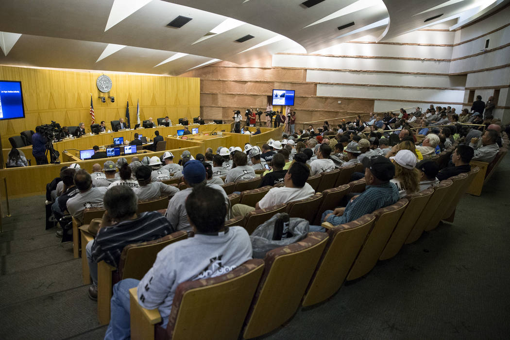 People attend a Las Vegas Stadium Authority Board meeting at the Clark County Commission Chambers on Thursday, May 18, 2017, in Las Vegas. (Erik Verduzco/Las Vegas Review-Journal)