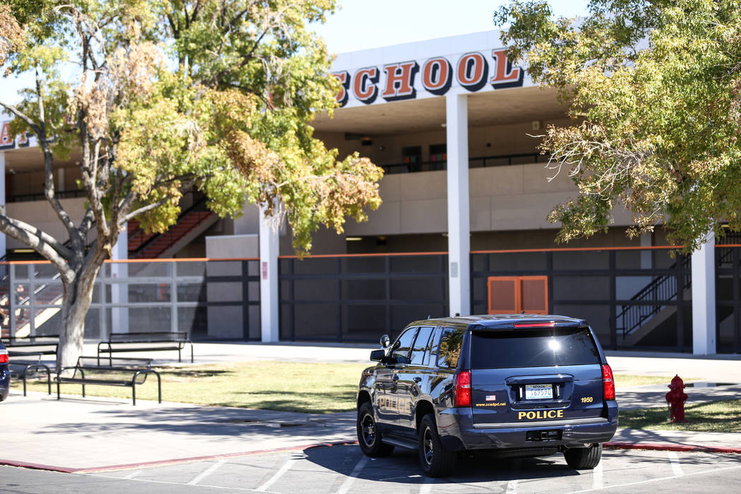 A Clark County School District patrol car is on the scene after a student was stabbed in the chest at Chaparral High School in Las Vegas, Tuesday, Oct. 10, 2017. Joel Angel Juarez Las Vegas Review ...