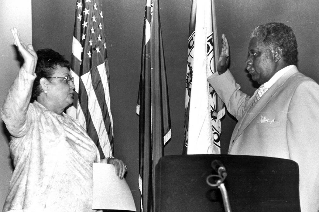 Donald Clark is sworn in as a Clark County Commissioner with County Clerk Loretta Bowman on Aug. 7, 1984. Las Vegas Review-Journal