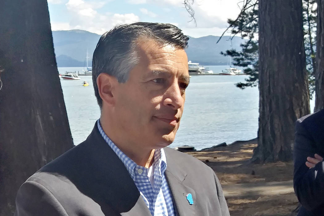 Republican Gov. Brian Sandoval talks to reporters on Tuesday at the 21st annual Lake Tahoe Summit in South Lake Tahoe, California, Tuesday, Aug. 22, 2017. (Ben Botkin/Las Vegas Review-Journal)