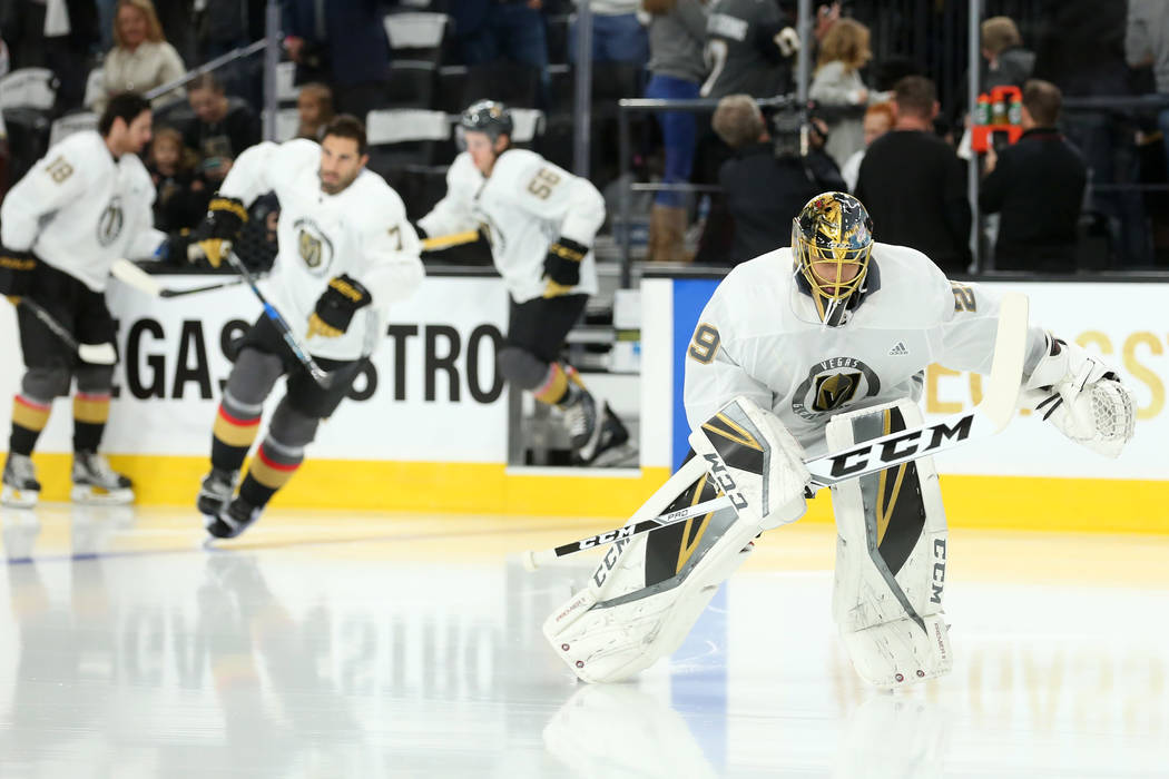 Vegas Golden Knights goalie Marc-Andre Fleury (29) takes to the ice for warm ups before the game against the Arizona Coyotes at T-Mobile Arena in Las Vegas, Tuesday, Oct. 10, 2017. Bridget Bennett ...